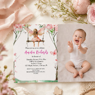 Fairy First Watercolor Floral Girls 1st Birthday Invitation