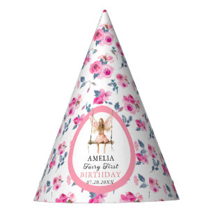 Fairy First Watercolor Floral Girls 1st Birthday Party Hat