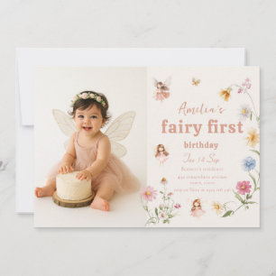 Fairy First Watercolor Widflower Birthday Photo Invitation
