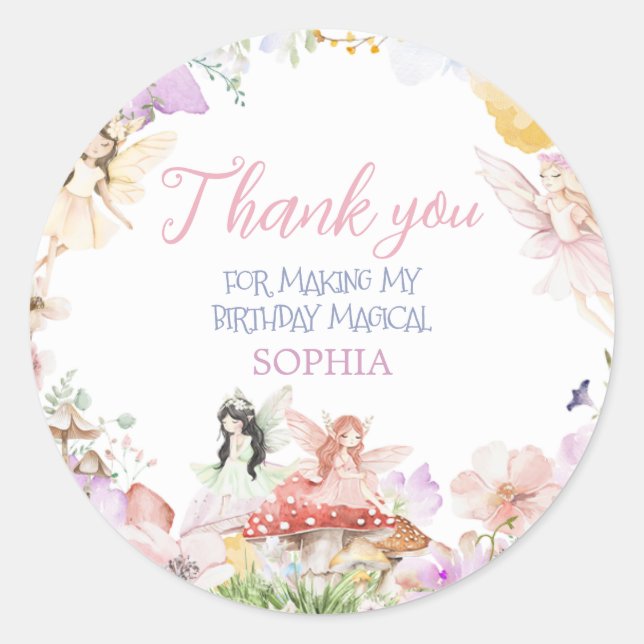 Fairy First Whimsical Birthday Party Classic Round Sticker (Front)