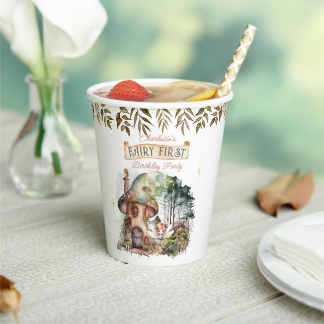 Fairy First Woodland Animals Mushroom 1st Birthday Paper Cups (Insitu)