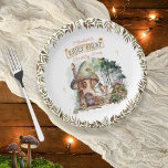 Fairy First Woodland Animals Mushroom 1st Birthday Paper Plate<br><div class="desc">A sweet little woodland fairy stands outside of her mushroom house among the mushrooms,  the forest and the woodland forest animals as greenery boughs drape gracefully on either side of her in this "Fairy First" girl's 1st Birthday Party composite design by Holiday Hearts Designs.</div>