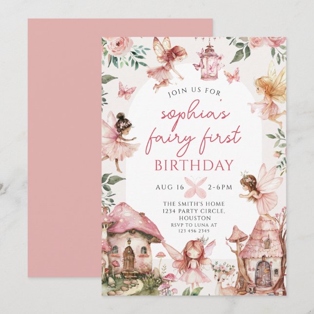 Fairy Floral Girls 1st Birthday Party  Invitation (Front/Back)