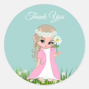 Fairy & Flowers on Light Blue Thank You Classic Round Sticker