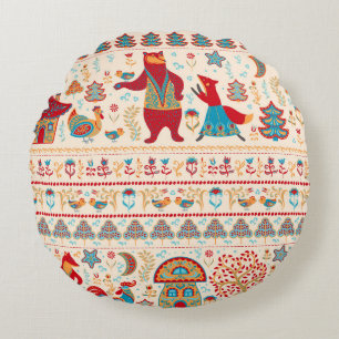 Fairy Forest Animals: Beige Background Round Pillow