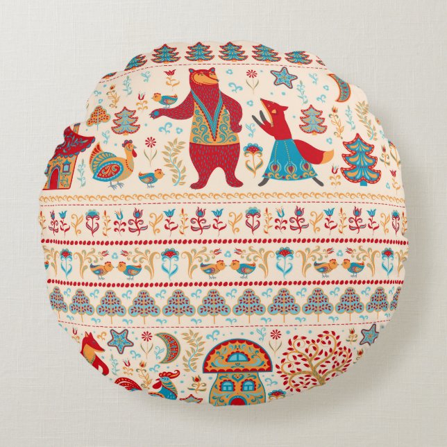 Fairy Forest Animals: Beige Background Round Pillow (Front)