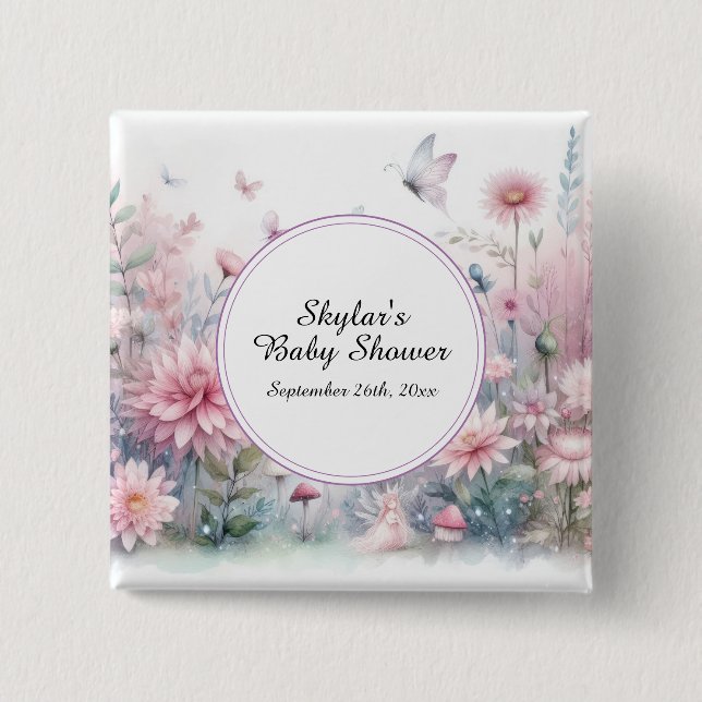 Fairy Garden Baby Shower 2 Inch Square Button (Front)