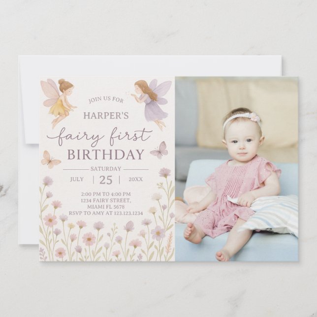 Fairy Garden First Birthday Invitation with photo (Front)