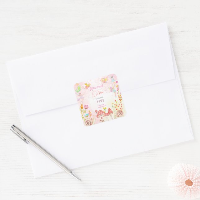 Fairy garden floral kids birthday square sticker (Envelope)