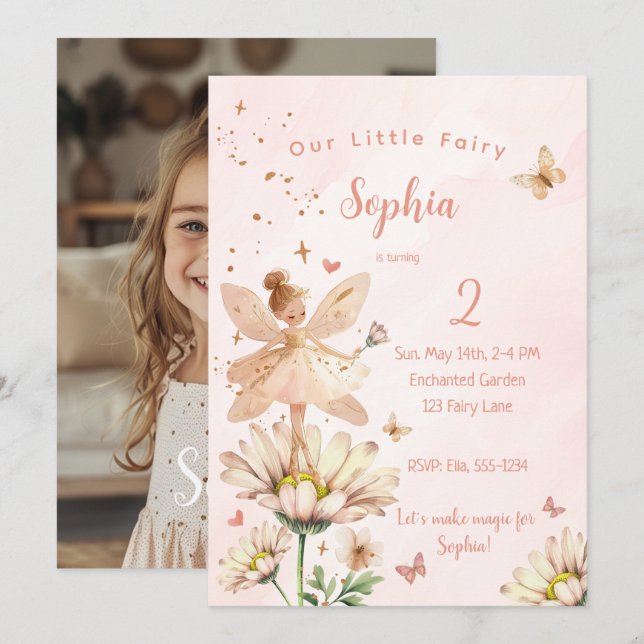 Fairy Garden Girl Photo Birthday Invitation Card (Front/Back)
