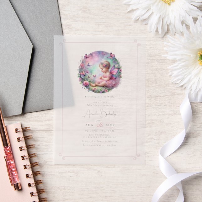Fairy Garden Theme Flutter Love Baby Shower Vellum Invitations (Wedding)