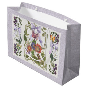 Fairy Garden Vintage Bow n Purple Passion Flower Large Gift Bag