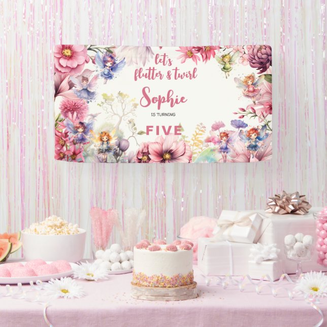 Fairy garden watercolor kids birthday banner (Party)