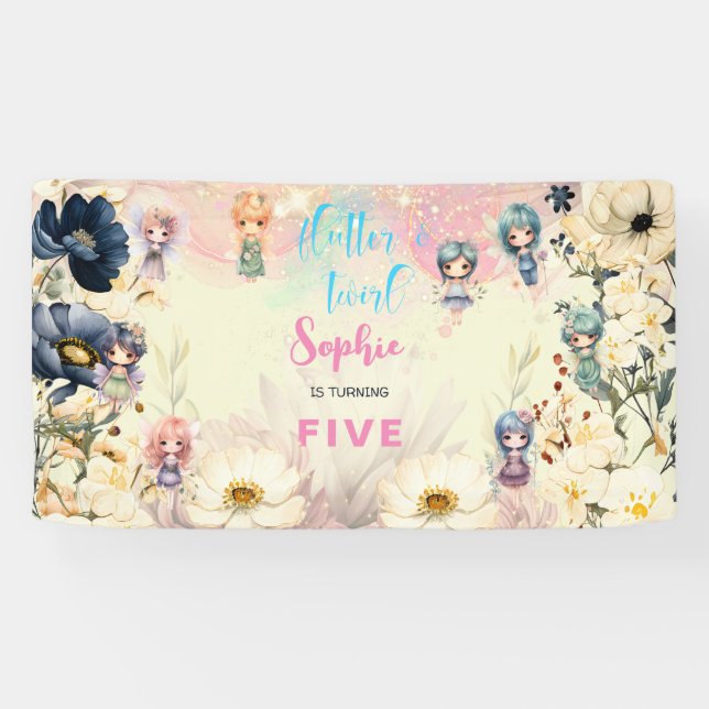 Fairy garden watercolor kids birthday banner (Horizontal)