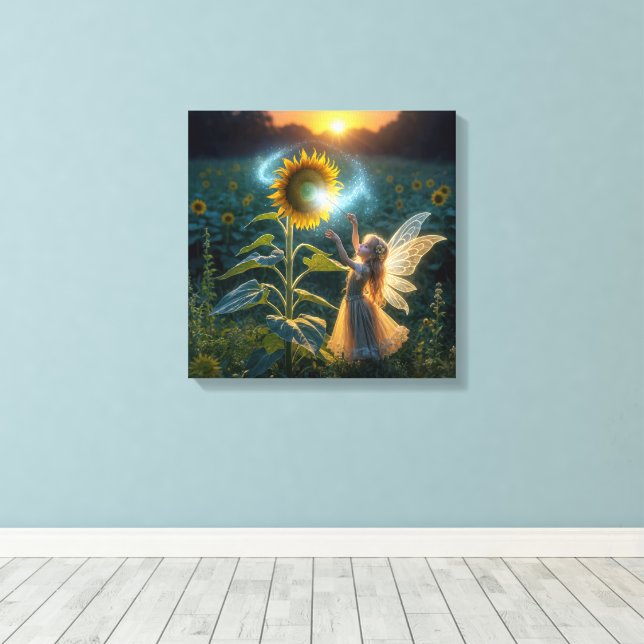 Fairy Girl Casting a Spell On a Sunflower Canvas Print (Insitu(Wood Floor))