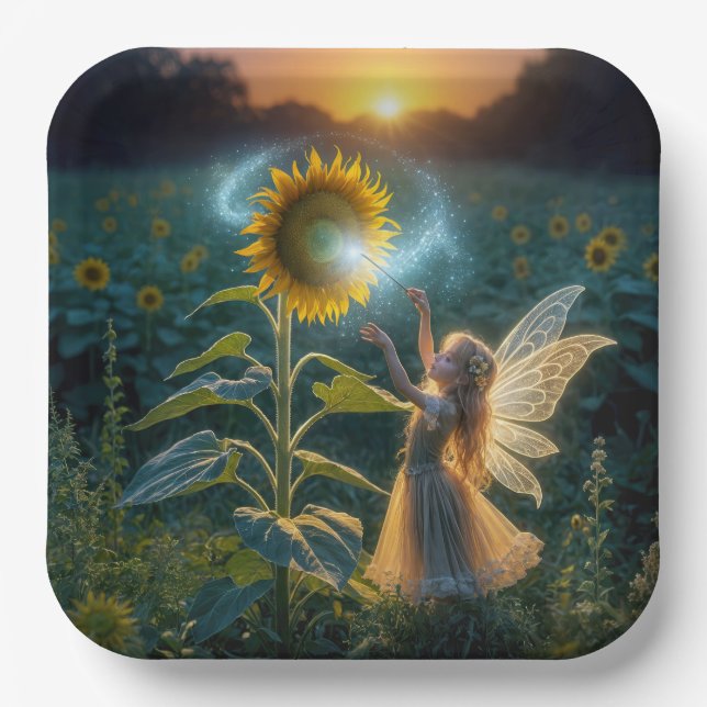 Fairy Girl Casting a Spell On a Sunflower Paper Plate (Front)
