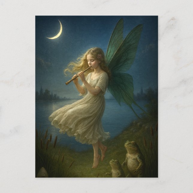 Fairy Girl Playing A Flute To Frogs In Moonlight Postcard (Front)