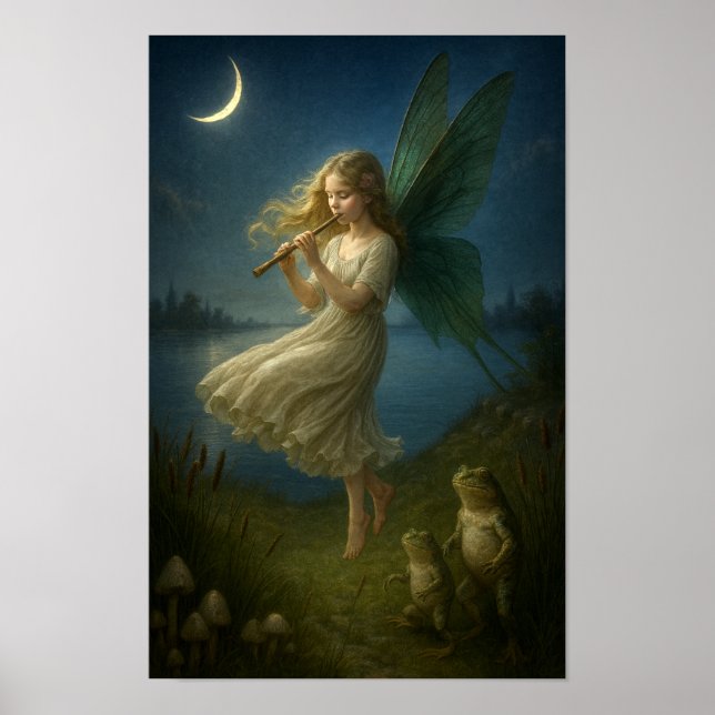 Fairy Girl Playing A Flute To Frogs In Moonlight Poster (Front)