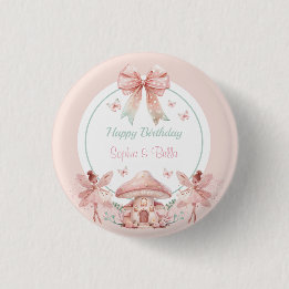 Fairy Girls Mushroom House Ribbon Twins Birthday 1 Inch Round Button