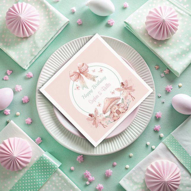 Fairy Girls Mushroom House Ribbon Twins Birthday Napkin (Creator Uploaded)