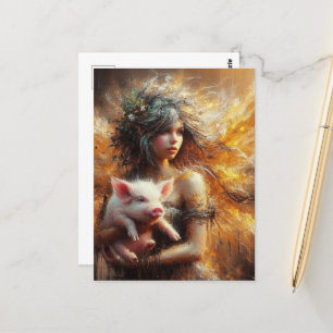 Fairy Holding a Young Pig Postcard