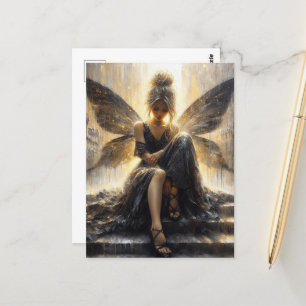 Fairy in a black dress sitting on stairs postcard