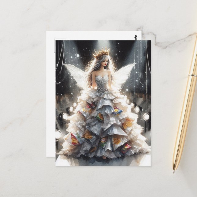 Fairy in a Fashion Show Dress Made From Chip Bags Postcard (Front/Back In Situ)