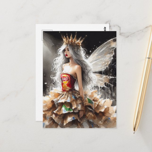 Fairy in a Fashion Show Dress Made From Chip Bags Postcard (Front/Back In Situ)