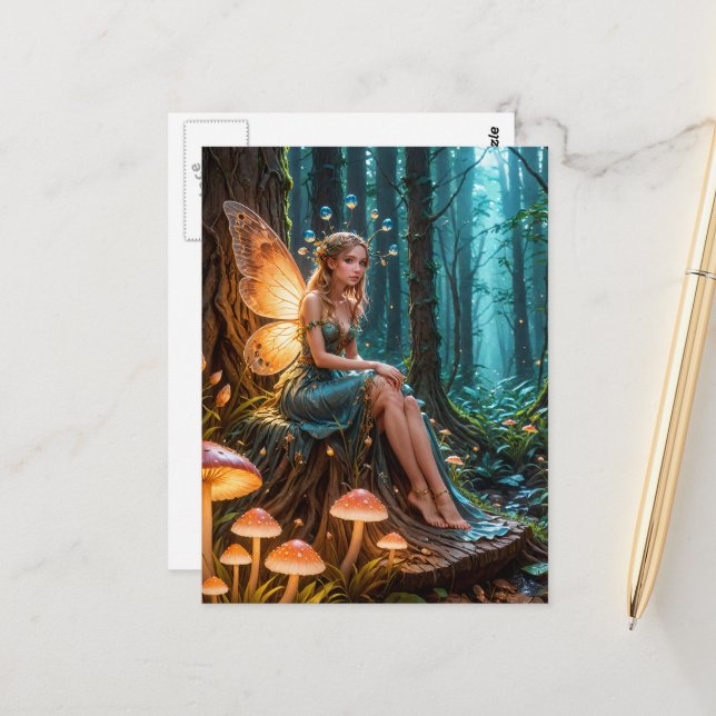 Fairy in a Magical Glowing Mushroom Forest Postcard (Front/Back In Situ)
