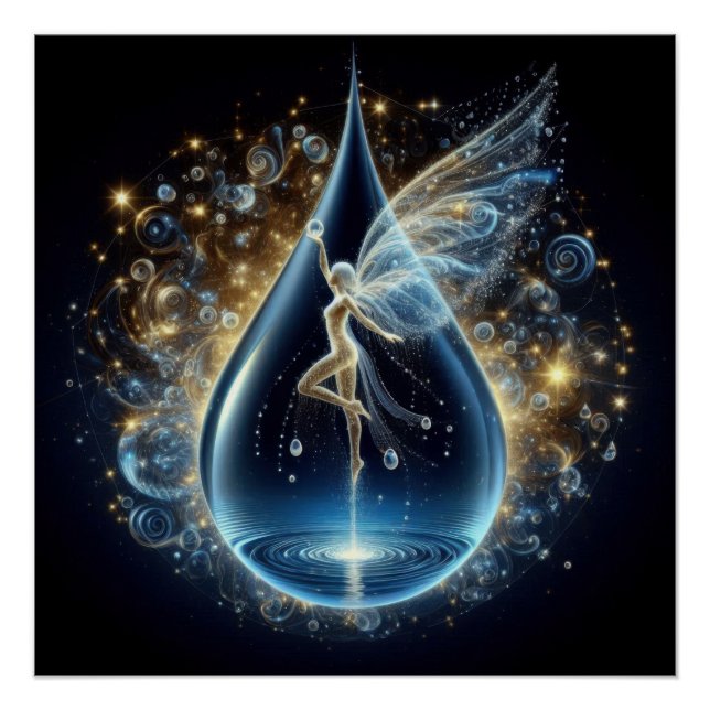 Fairy In A Pure Clean Water Drop On A Blue Lake Poster (Front)