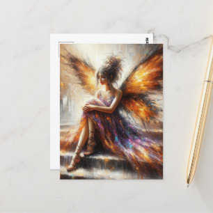 Fairy in a purple dress sitting on stairs postcard