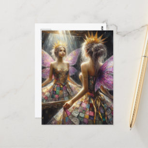 Fairy in a Quilted Dress Looks in Mirror at Dress Postcard