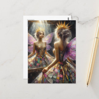 Fairy in a Quilted Dress Looks in Mirror at Dress Postcard