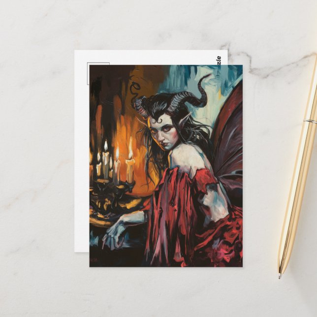 Fairy in a Red Dress Dark Fantasy Postcard (Front/Back In Situ)