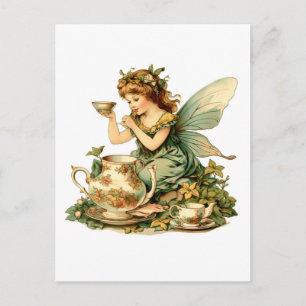 Fairy in Green Dress Tea Party Vintage Postcard