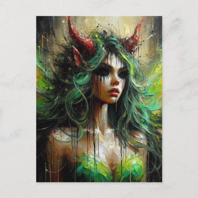 Fairy in Green With Red Horns Dark Fantasy Postcard (Front)