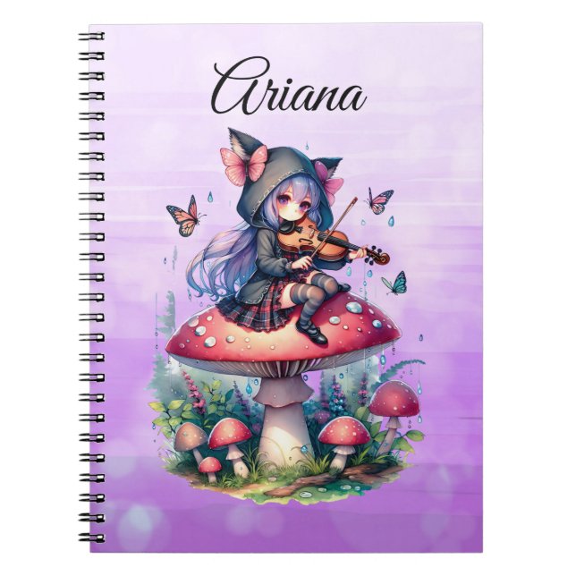 Fairy in Hoodie Playing Viola on a Mushroom  Notebook (Front)