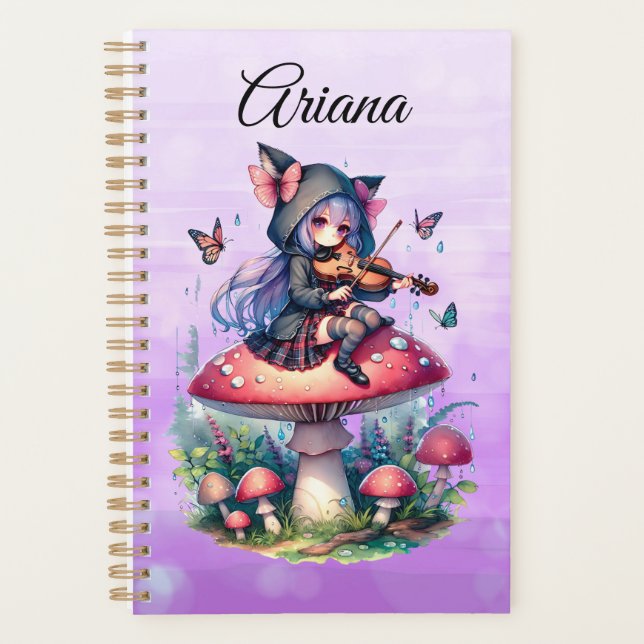 Fairy in Hoodie Playing Viola on a Mushroom  Planner (Front)