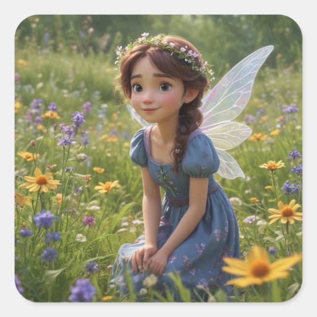 Fairy in Meadow Square Sticker (Front)