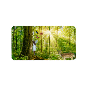 Fairy in the magic forest with Bambi and butterfly Label