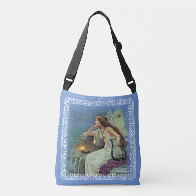 Fairy in White Gown on Cliff With Harp Candle Blue Crossbody Bag (Front)