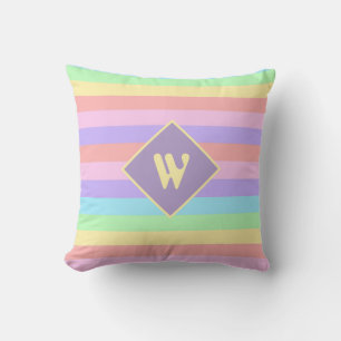 Fairy Kei Pastel Rainbow Striped Monogram Throw Pillow