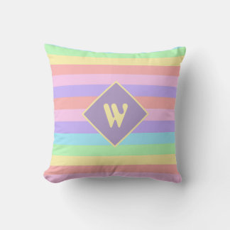 Fairy Kei Pastel Rainbow Striped Monogram Throw Pillow