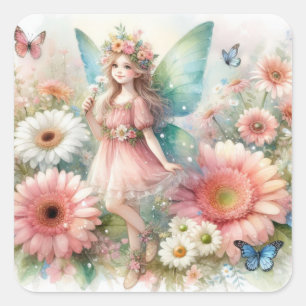 Fairy land with flowers watercolor  square sticker