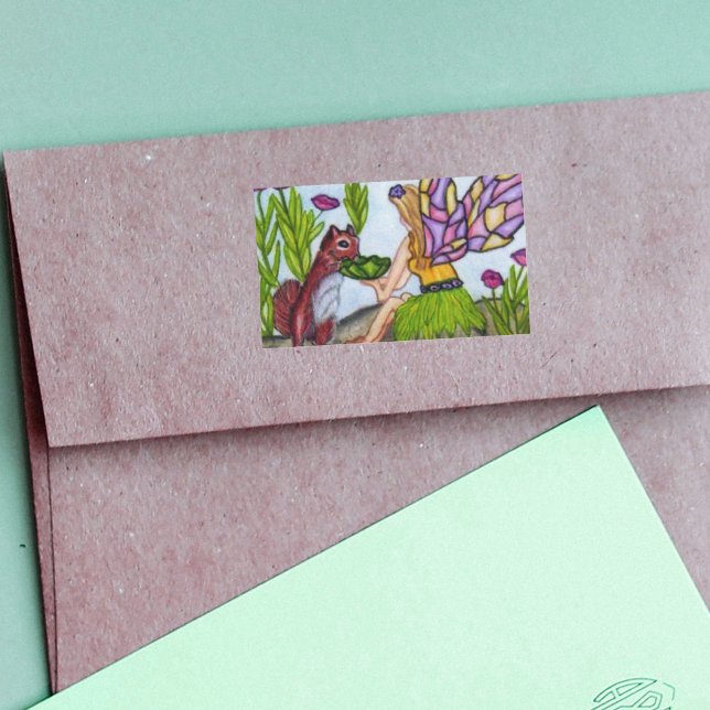 Fairy Leaves Squirrel Stained Glass Wings Sticker (Fairy stained glass look wings sharing a drink with a squirrel on rectangle stickers.)