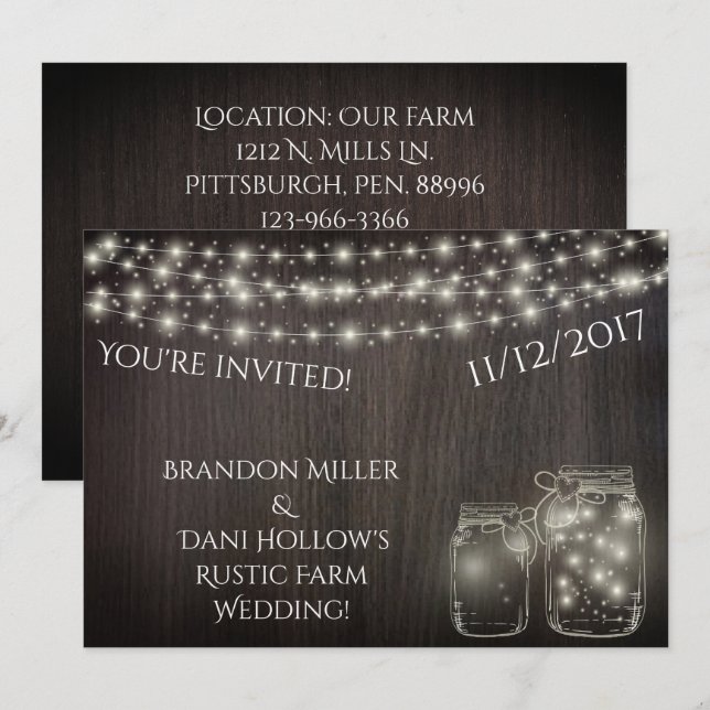 Fairy Lights and Mason Jars Over Wood Invitations (Devant / Derrière)