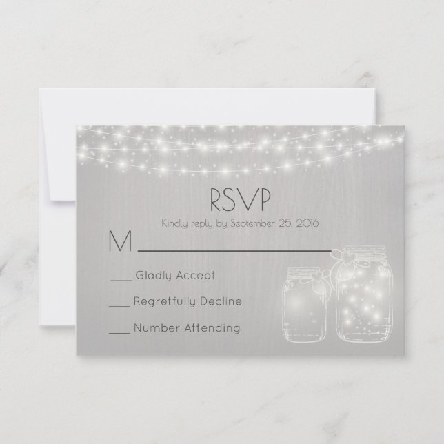 Fairy Lights And Mason Jars Rustic Wedding RSVP Card (Front)