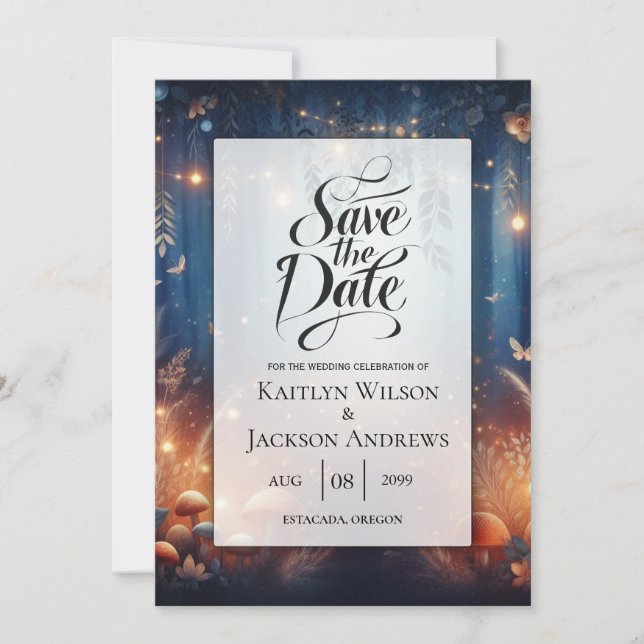 Fairy Lights and Moonlit Forest Magic Wedding Save The Date (Front)