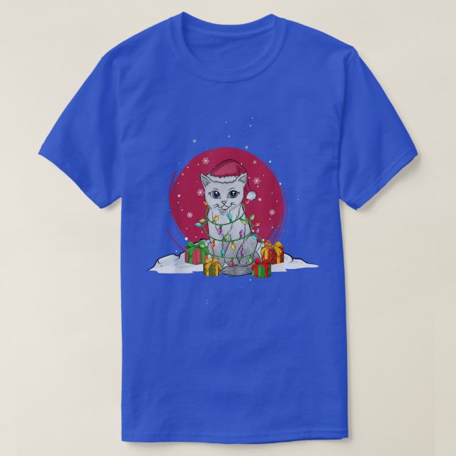 Fairy lights Christmas cute cat in snow with chris T-Shirt (Design Front)