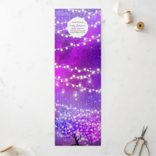 Fairy Lights Elegant Plum Pink Heart Leaf Wedding Tri-Fold Invitation